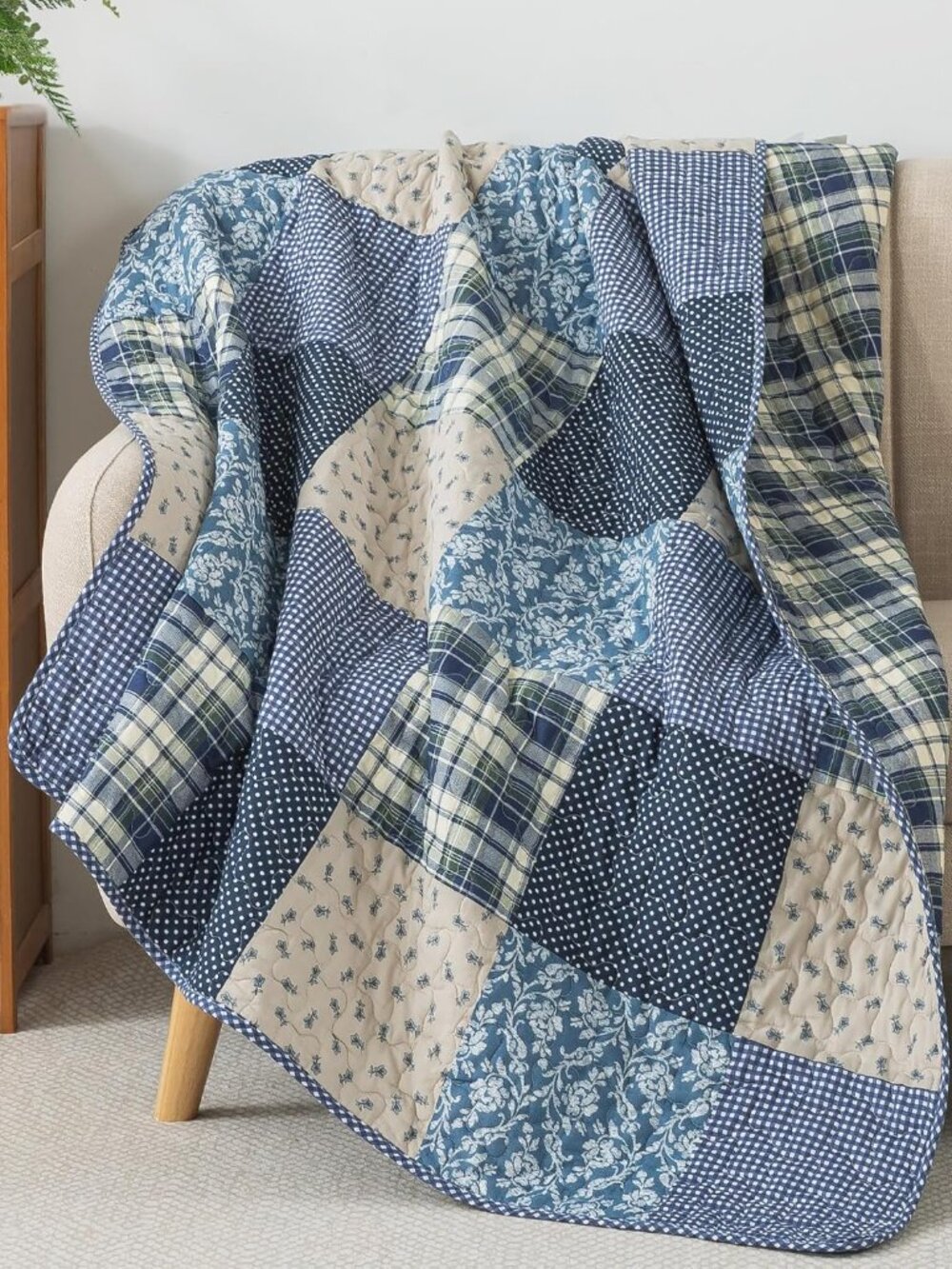 Cotton Quilted Throw Blanket, 50" x 60" Blue Patchwork Lap Quilt
